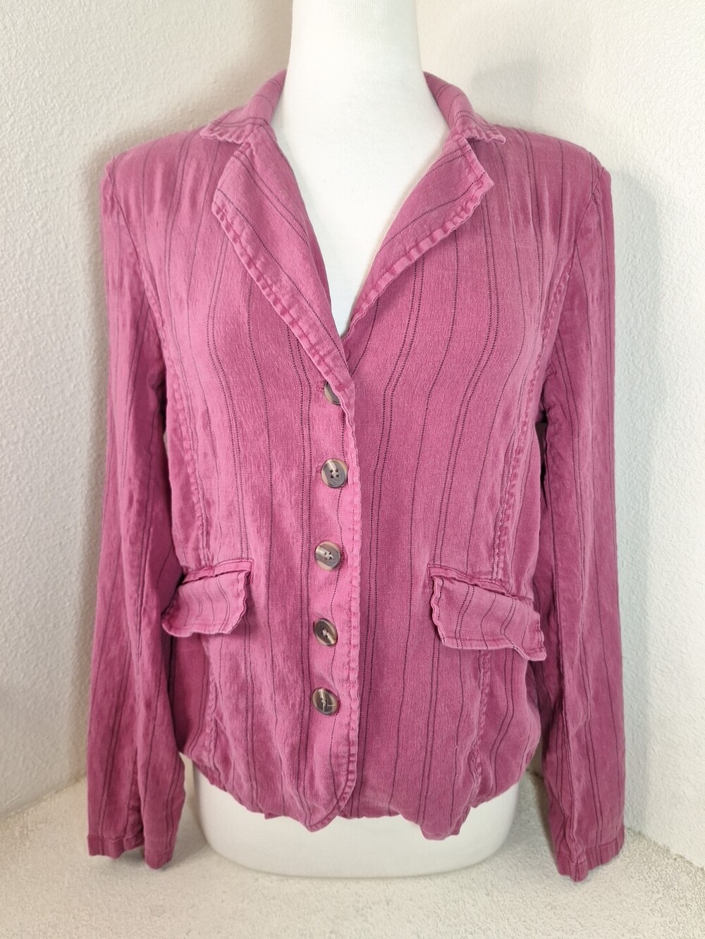 Sundance Blazer Jacket Medium Greta Hope Linen Blend Pink Pinstripe Buckle Back